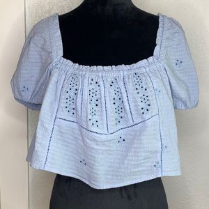 Zara Blue Puff Sleeve Smocked Crop Top